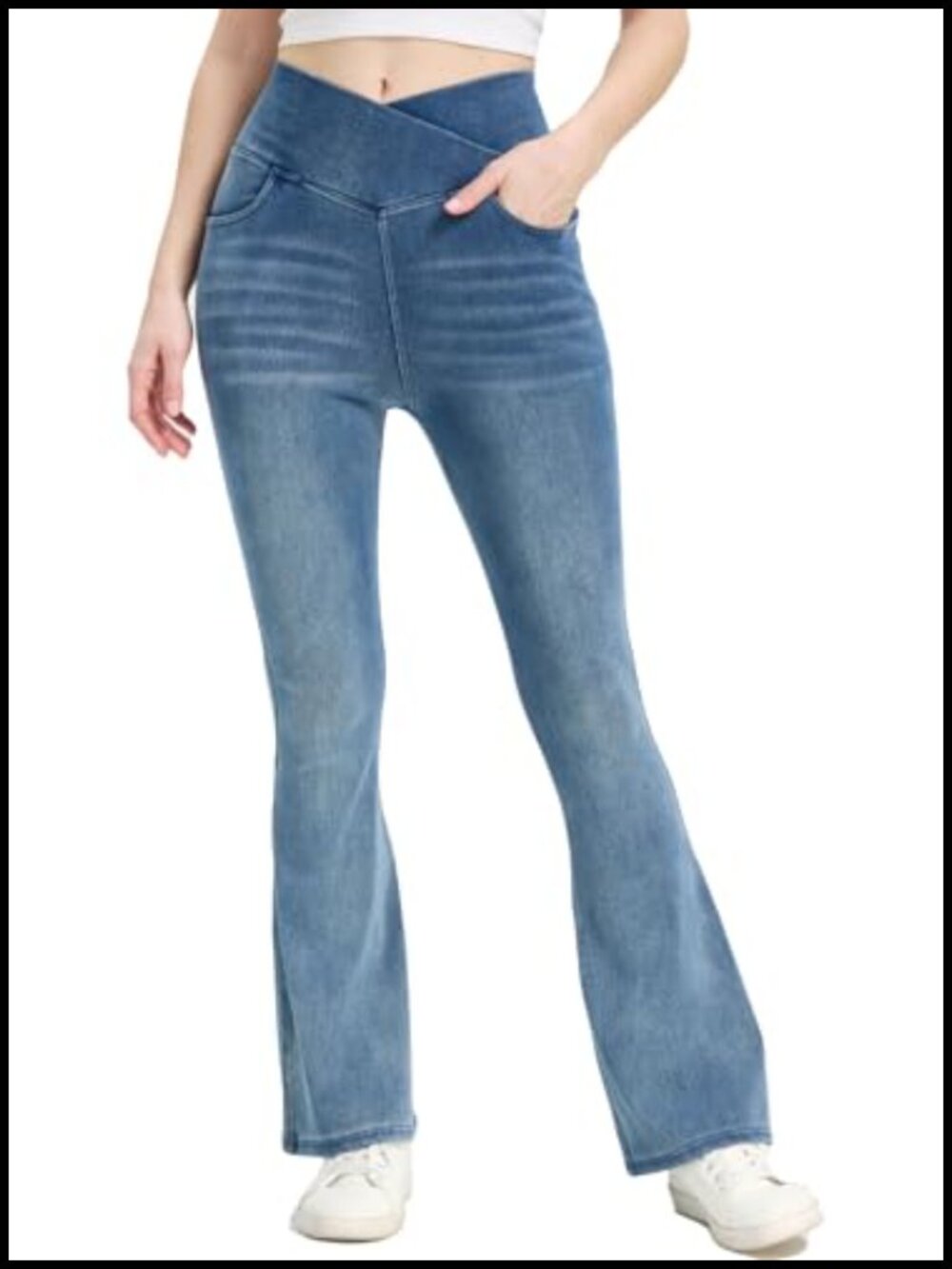 High Waisted Flared Jeans Tummy Control Stretchy Denim Pants Welt Pockets